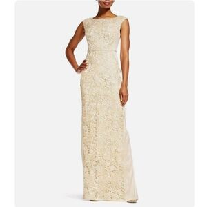 Adrianna Papell | Champagne Cap Sleeve Lace Insert Column Evening Gown Size 6
